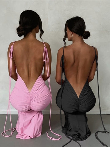 Pink Backless Sexy Maxi Dresses for Women 2023 Spaghetti Strap Ruched Bodycon Dress Wedding Evening Party Dress Elegant Luxury