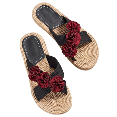 Women s Casual Flat Sandals with 3D Flower Embellishments Open Toe Design and Hemp Rope Sole for Summer Comfort