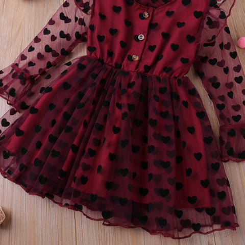 Humor Bear 2022 Girl Long Sleeve Dress Spring Summer Mesh Yarn  Heart Printed Princess Party Dress Kid Clothes For 2-6Y