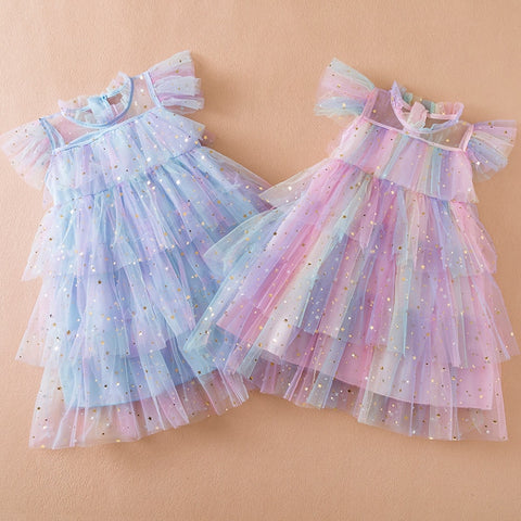 Girl Sequin Rainbow Princess Dress 3 6 8 Yrs Fancy Kids Unicorn Mesh Party Cake Clothes Toddler Girl Summer New Birthday Costume