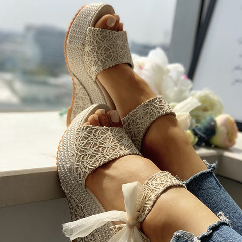 2023 INS hot lace Leisure Women Wedges heeled women Shoes 2020 Summer Sandals Party Platform High Heels Shoes Woman
