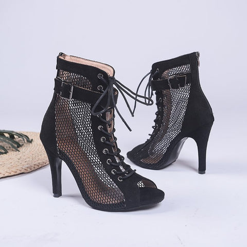 Sandals Hollow Mesh Heels women's Shoes Summer 2022 Trend Black Lace-Up Sexy Peep Toe Boots Stilettos Jazz Dance Female Shoes