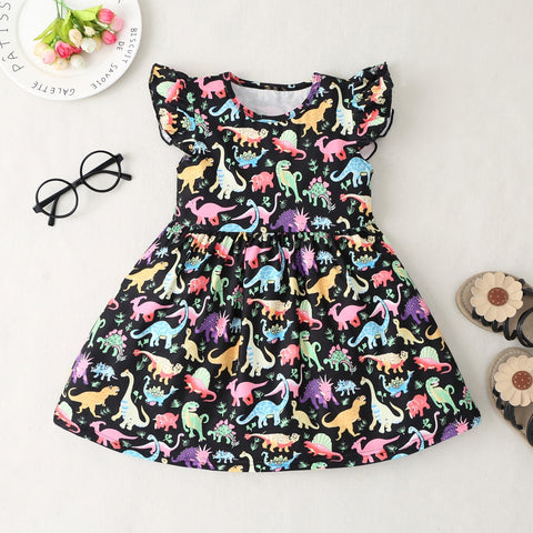 Summer Dress for Girls Lovely Cartoon Animal Dinosaur Flying Sleeve Kids Dresses Cotton Ruffles New Toddler Girl Clothes 1-7Y