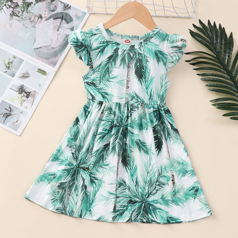 Summer Dress for Girls Lovely Cartoon Animal Dinosaur Flying Sleeve Kids Dresses Cotton Ruffles New Toddler Girl Clothes 1-7Y
