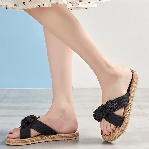 Women s Casual Flat Sandals with 3D Flower Embellishments Open Toe Design and Hemp Rope Sole for Summer Comfort