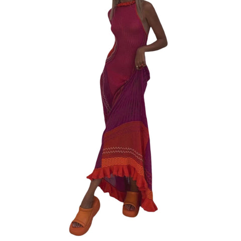 Women Long Knit Dress Contrast Color Hollow-Out See-Through One Shoulder Long Sleeve Beach Dress Bikini Cover-Ups