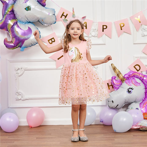 Girls Unicorns Dresses 2023 Summer Baby Girls Sequins Embroidery Dress Kids Elegant Princess Party Vestidos Children Tulle Dress