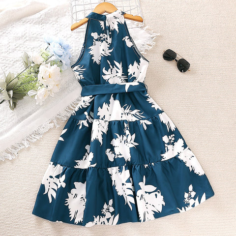 Girls' Summer Knee Length Skirt Casual Style Polyester Small Round Neck Hanging Neck Sleeveless Printed Dress Belt Comfortable
