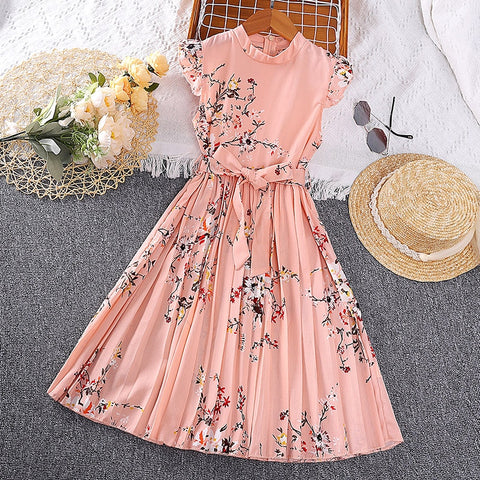 Girl 2023 Summer dress Lace cuffs vintage print dress sweet Pleated skirt children's clothing birthday party dress