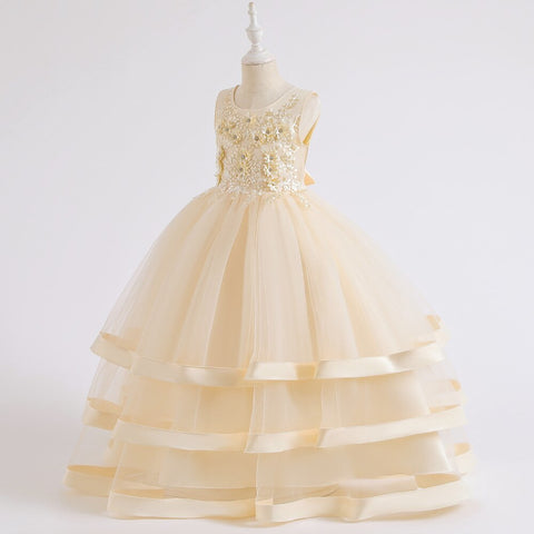 Summer New Children Fashion Embroidery Pearl Trailing Dress Middle And Big Children Party Flower Girl Piano Performance Clothing