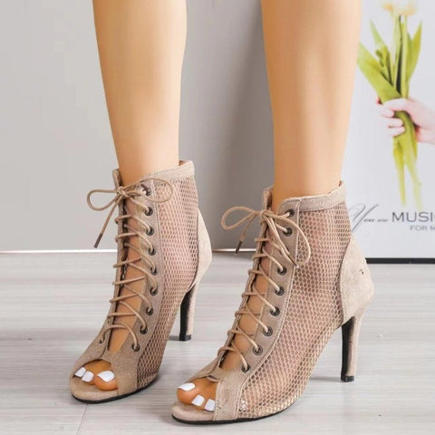 Sandals Hollow Mesh Heels women's Shoes Summer 2022 Trend Black Lace-Up Sexy Peep Toe Boots Stilettos Jazz Dance Female Shoes