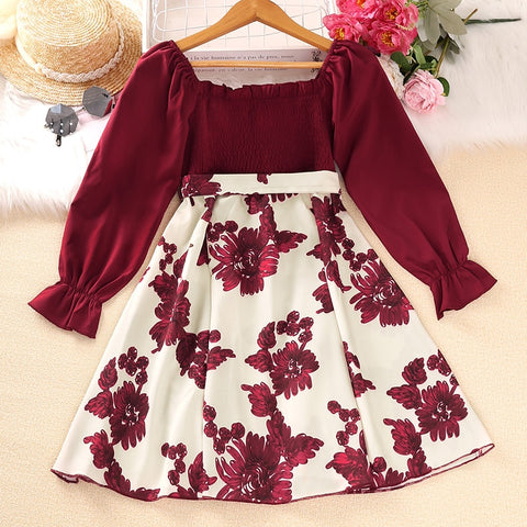 Children's dress Girl print patchwork dress Girl birthday party dress Bubble sleeve princess skirt girl baby dress