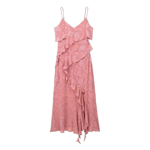 TRAF Summer Women Solid Camisole Dress 2023 New Female Deep V-Neck Layered Lace Decoration Spaghetti Strap Sheath Long Dress