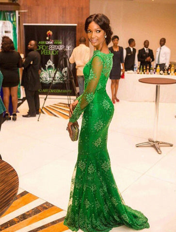 Elegant Emerald Women Applique Wedding Dress Long Sleeves Luxury Evening Dresses Green Lace Mermaid Bridesmaid Dress