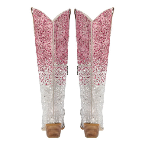 Onlymaker Women Pointed Toe Rhinestone Knee High Western Cowgirl Boots Glitter Bling Shiny  Block Heel Lady Boots