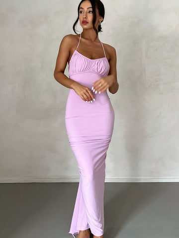 Pink Backless Sexy Maxi Dresses for Women 2023 Spaghetti Strap Ruched Bodycon Dress Wedding Evening Party Dress Elegant Luxury