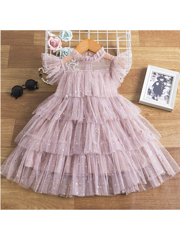 2023 New Sequin Summer Dress for Girls Tulle Layered Kids Birthday Party Dress Star Printing Children Summer Holiday Casual Wear
