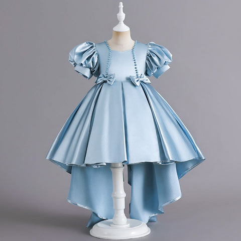Girls Tail Princess Dress New Summer Medium And Big Children Catwalk Dress Girls Bow Knot Beaded Puff Sleeve Party Formal Dress