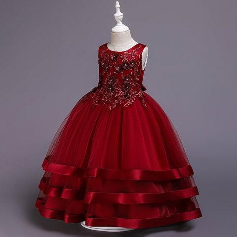 Summer New Children Fashion Embroidery Pearl Trailing Dress Middle And Big Children Party Flower Girl Piano Performance Clothing