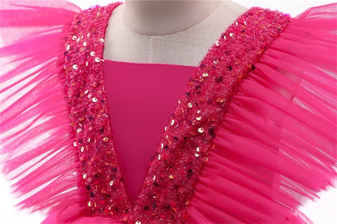 Girls Rose Red Party Princess Dress Kids Sequined Shiny Bithday Ceremony Clothes Children Tulle Ball Gown For Wedding Size 3-8T