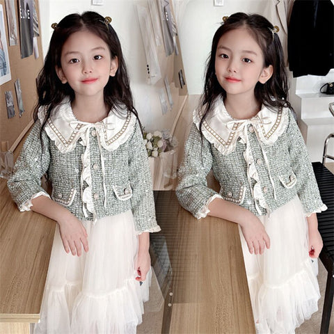Princess Girls Clothes Set Spring Autumn Children Girls Outwear Coat +Tutu Dress 2pcs Vintage Sweet Outfits Suit for Girl 3-10y