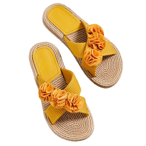 Women s Casual Flat Sandals with 3D Flower Embellishments Open Toe Design and Hemp Rope Sole for Summer Comfort