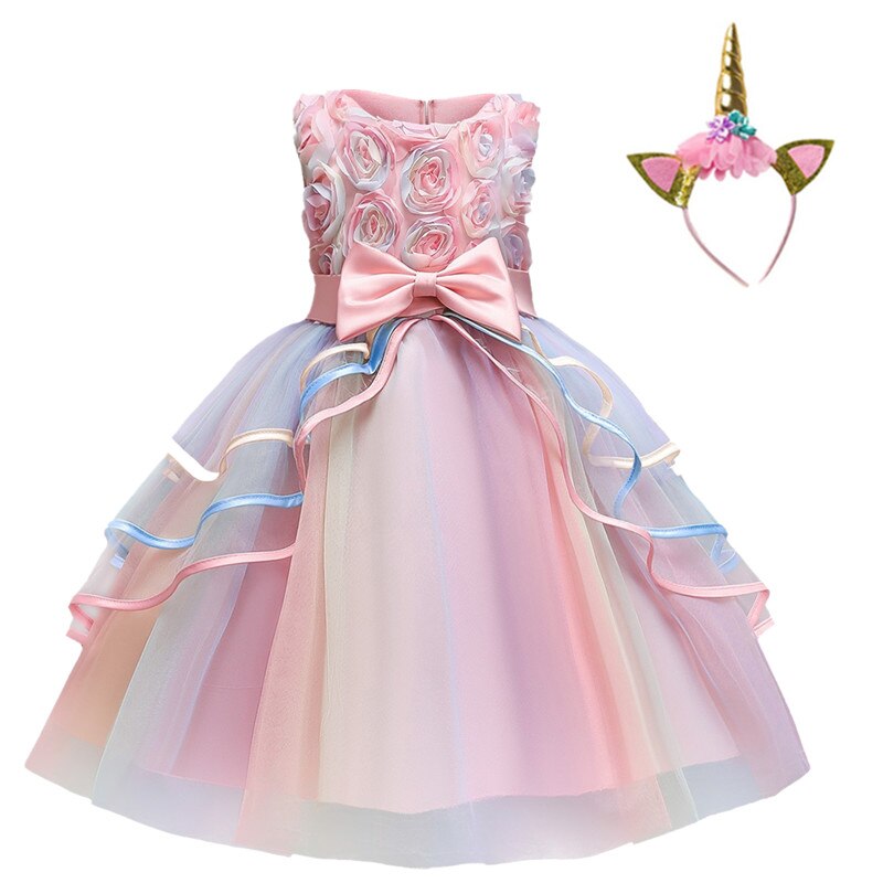 Kids Unicorn Dress for Girls Flower Rainbow Princess Fancy Birthday Party Dress Halloween Perform Costume Unicorn Girl Dress