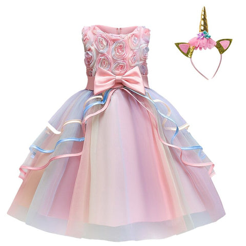 Kids Unicorn Dress for Girls Flower Rainbow Princess Fancy Birthday Party Dress Halloween Perform Costume Unicorn Girl Dress