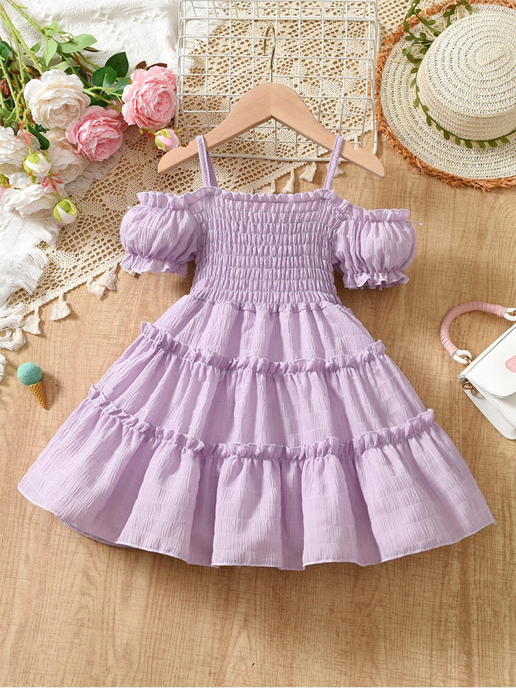 Girls Shirred Puff Sleeve Frill Trim Flowers Pattern Party Dress Kids Summer Clothes