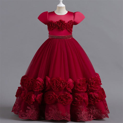 Floral Embroidery Elegant Kids Wedding Dresses Lace Mesh Children's Long Formal Princess Dress For Girls Evening Dresses