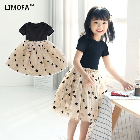LJMOFA Summer Toddler Girl Dress Princess Cotton Tulle Tutu Dress for 2-6Y Kids Casual Birthday Party Star Shaggy Dress D236
