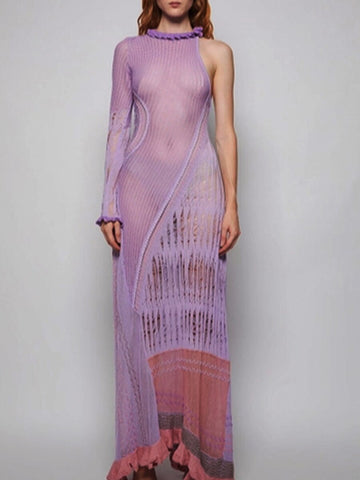 Women Long Knit Dress Contrast Color Hollow-Out See-Through One Shoulder Long Sleeve Beach Dress Bikini Cover-Ups