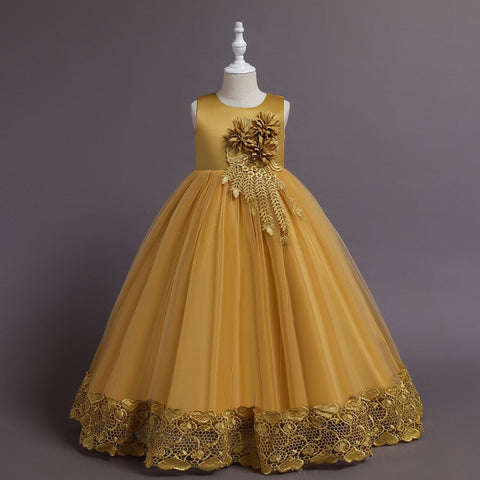 New Children Embroidery Fashion Dress Skirt Summer Long Lace Edge Princess Catwalk Dress Girls Flower Party Performance Dress