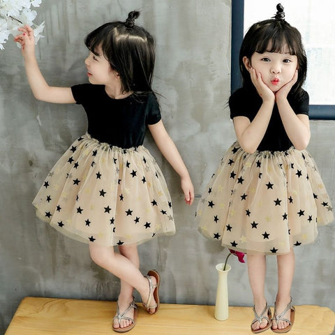 LJMOFA Summer Toddler Girl Dress Princess Cotton Tulle Tutu Dress for 2-6Y Kids Casual Birthday Party Star Shaggy Dress D236