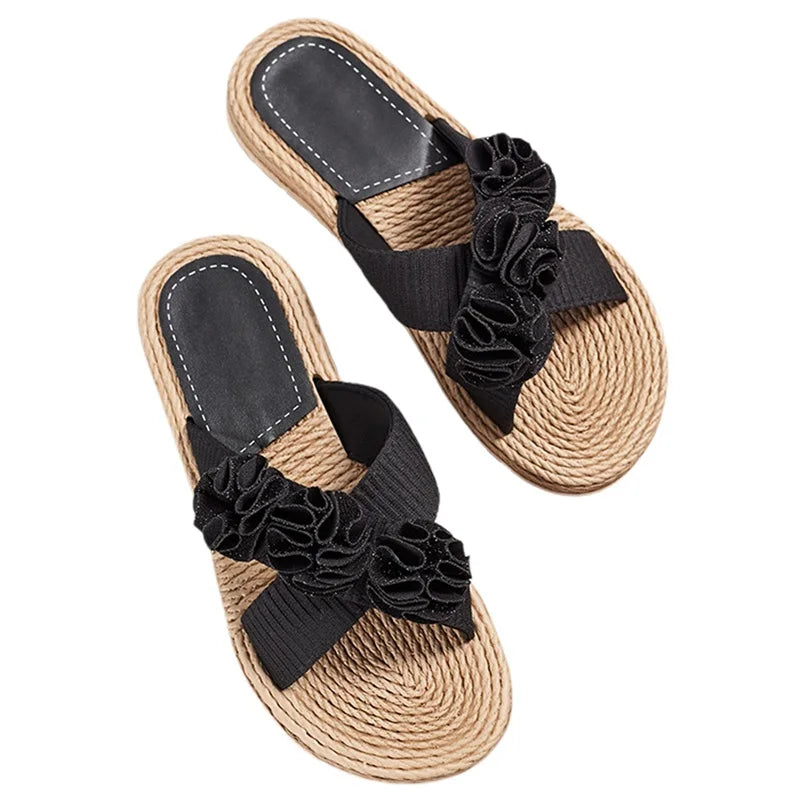 Women s Casual Flat Sandals with 3D Flower Embellishments Open Toe Design and Hemp Rope Sole for Summer Comfort