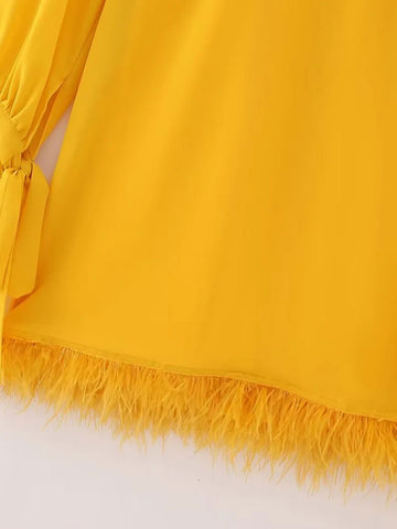 Nlzgmsj TRAF  Women Fashion Sexy Mini Tassel Dress Evening Party Elegant Long Sleeves bow decoration Evening Dress