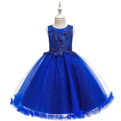 Pink Knee-Length Tulle Flower Girl Dress For Kids Round Neck Embroidered Child Party Dress For Girl 3-12 Years Old Sleeveless