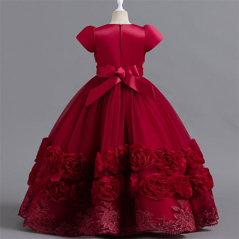 Floral Embroidery Elegant Kids Wedding Dresses Lace Mesh Children's Long Formal Princess Dress For Girls Evening Dresses