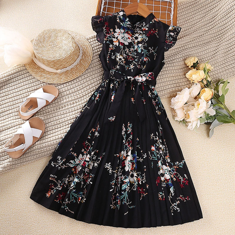 Girl 2023 Summer dress Lace cuffs vintage print dress sweet Pleated skirt children's clothing birthday party dress