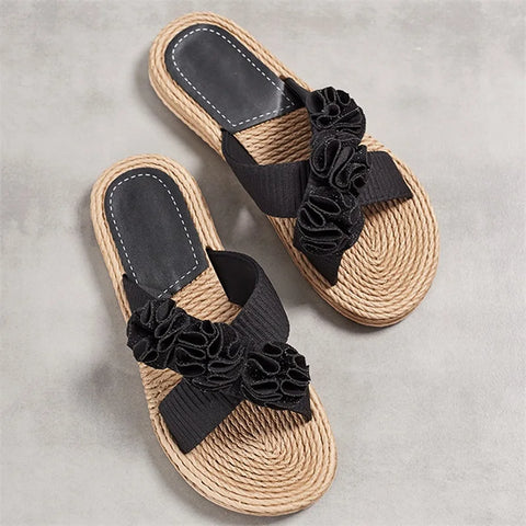 Women s Casual Flat Sandals with 3D Flower Embellishments Open Toe Design and Hemp Rope Sole for Summer Comfort