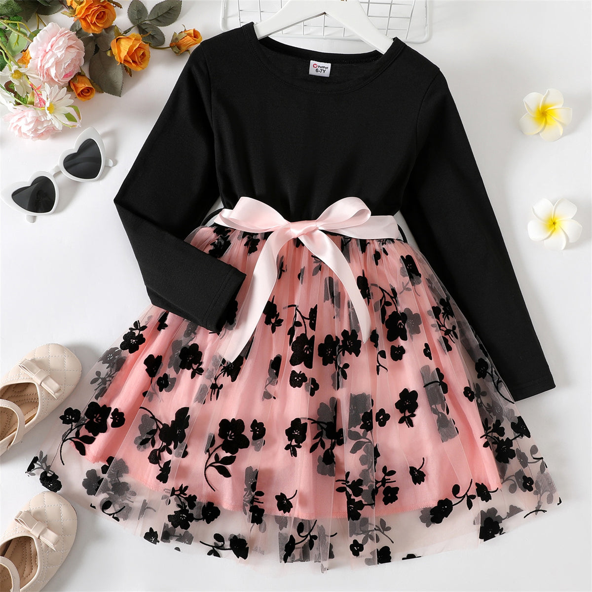 PatPat Kid Girl Dresses Floral Embroidered Belted Mesh Splice Long-sleeve Dress