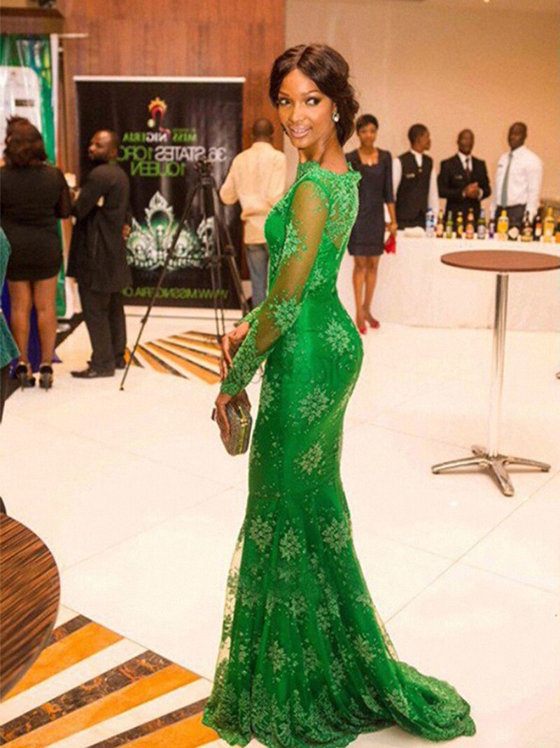 Elegant Emerald Women Applique Wedding Dress Long Sleeves Luxury Evening Dresses Green Lace Mermaid Bridesmaid Dress