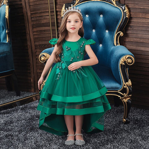 Summer New Children Fashion Embroidery Pearl Trailing Dress Middle And Big Children Party Flower Girl Piano Performance Clothing