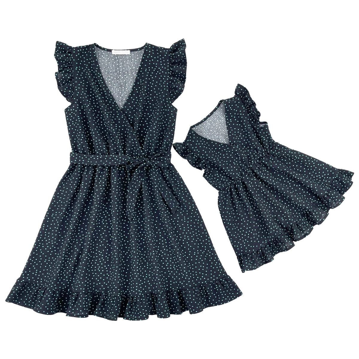 Joyccin Mother Kids Cross Wrap V-neck Clothing Ruffle Flutter-sleeve Family Matching Outfits All Over Dots Boho Vacation Dresses