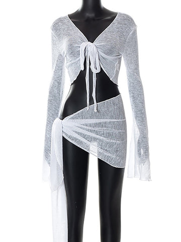 Abdieso Green Summer Sexy Beach Dress Sets Women See Through Outfits 2023 White Long Sleeve Crop Top and Mini Skirt 2 Pieces Set