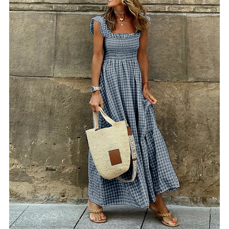 Women Boho Beach Dress Elegant Square Collar Plaid Dress Summer Casual Vintage Pleasted Dressre Y2K Cloting Sleeveles Maxi Dress