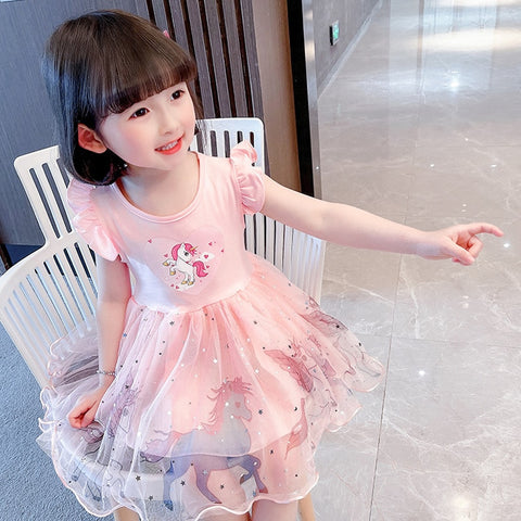 Girls Clothes 2023 New Summer Princess Dresses Flying Sleeve Kids Dress Unicorn Party Baby Dresses for Children Clothing 3-8Y