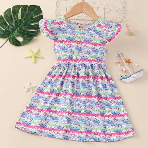 Summer Dress for Girls Lovely Cartoon Animal Dinosaur Flying Sleeve Kids Dresses Cotton Ruffles New Toddler Girl Clothes 1-7Y