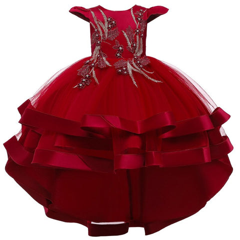 Summer New Children Fashion Embroidery Pearl Trailing Dress Middle And Big Children Party Flower Girl Piano Performance Clothing