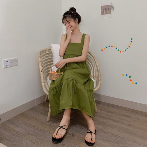 Holiday Women Dresses Green Summer Japanese Style Cute Bow Design Spaghetti Straps Female Party Wear Casual Loose Soft Vestidos